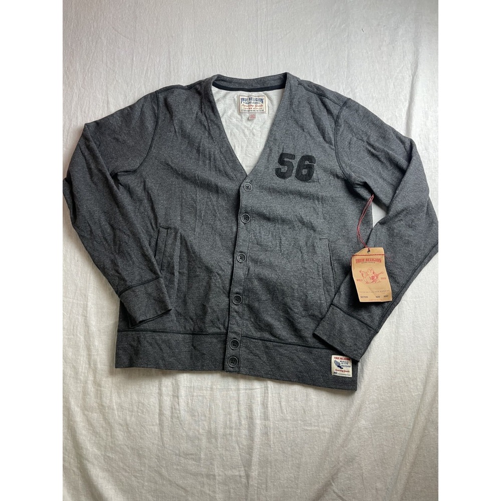 True Religion Football Club Knit Cardigan Sweater Charcoal Gray XL VTG 2003 NWT